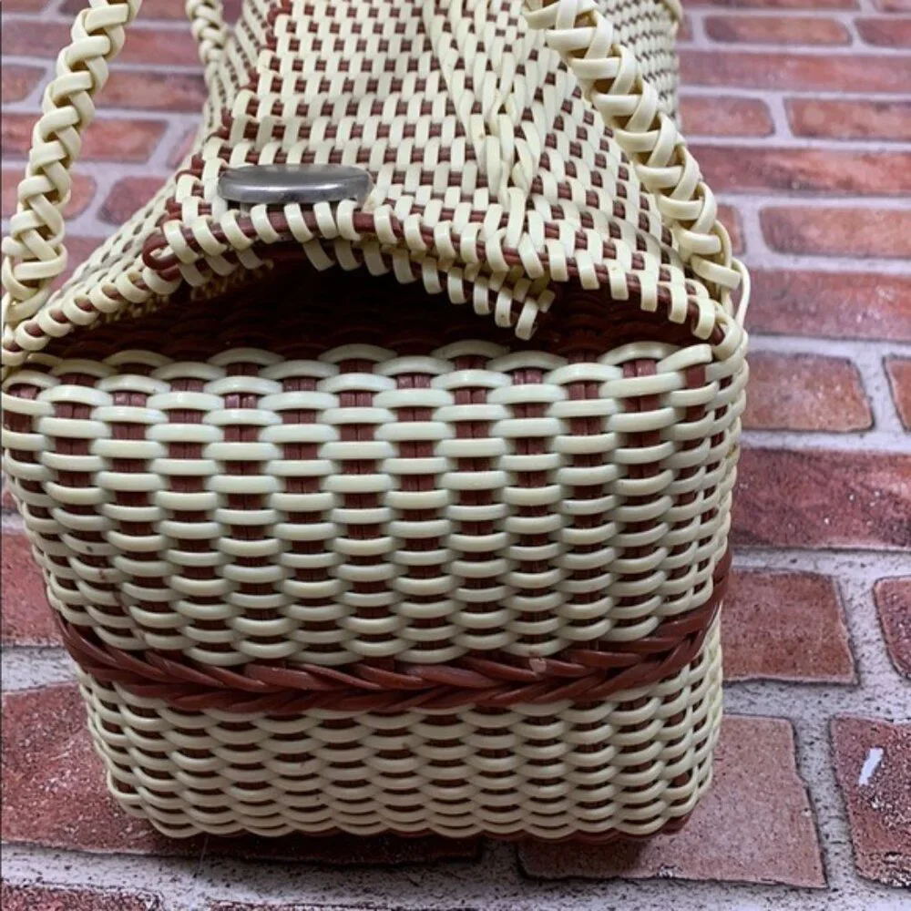 Elegant Cream and Brown Woven Tote with Curved Handles